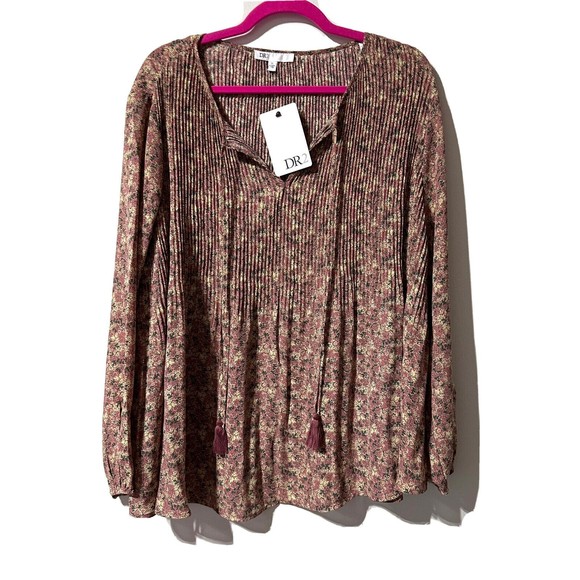 Daniel Rainn Tops - DR2 by Daniel Rainn Blouse Size 1X Pleated Tassels Ditsy Floral Mauve Top NWT